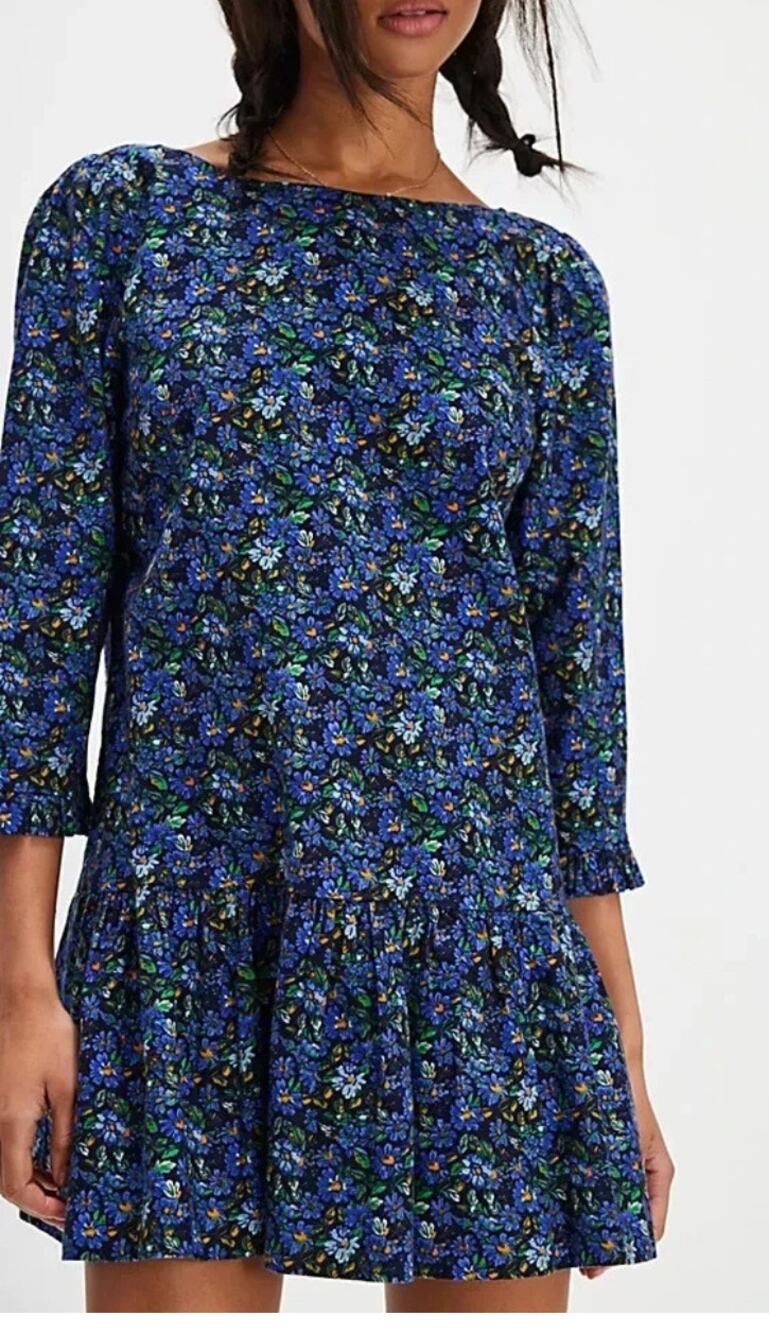 Free People Blue Floral Mini Dress Long‎ Sleeve Boho Cottagecore M Open Back